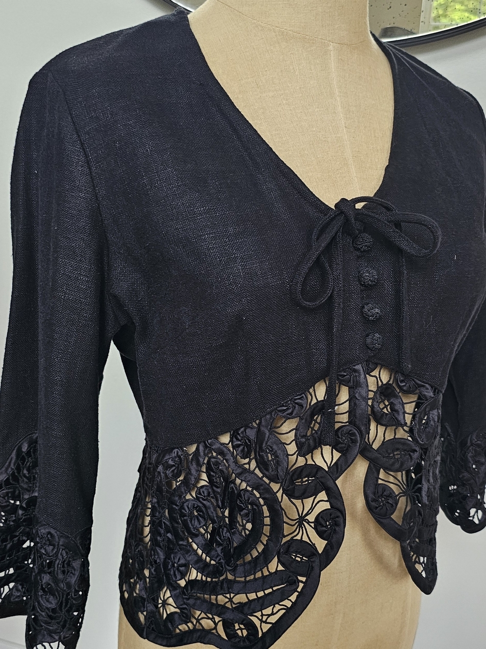 Talbots Black Solid V Neck 3/4 Sleeve Linen Rayen Lace Tie/Button-Up Cardigan S